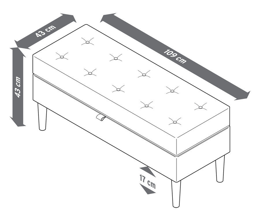 Dessin d'une banquette rembourrée avec rangement mesurant 43 x 43 x 109 cm et une hauteur de pied de 17 cm.