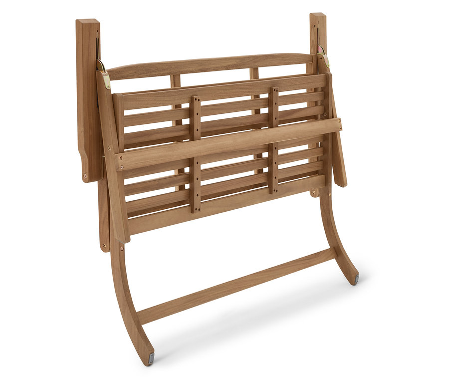 Un banc de jardin en bois partiellement plié sur un fond blanc.