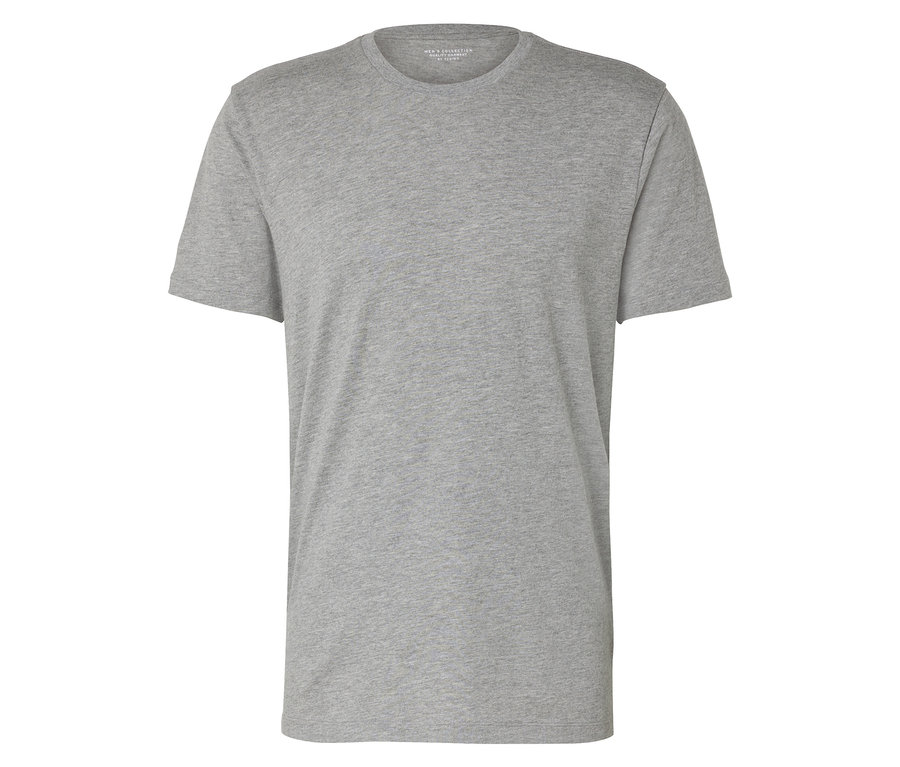 T-shirt gris à col rond, posé à plat.
