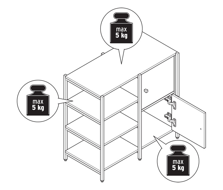 Vue de dessus d'une commode « GRADE » avec compartiments ouverts et 2 portes, avec des indications de poids maximal.