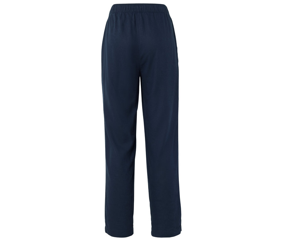 Pantalon long bleu marine avec taille élastique, photographié de dos.