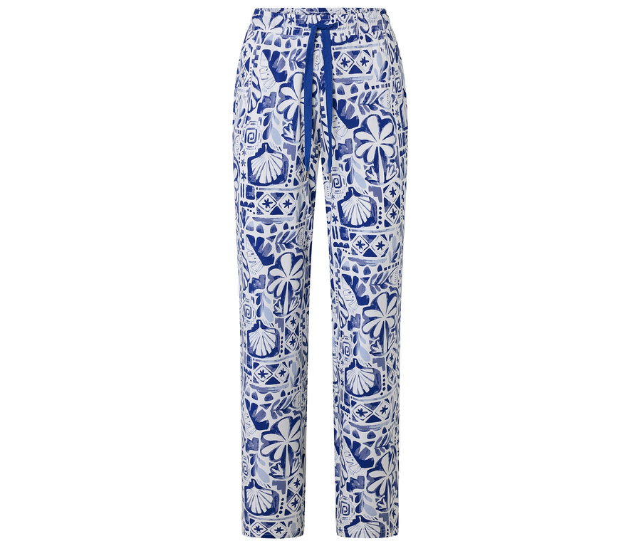 Pantalon de pyjama blanc à motif bleu de coquillages, feuilles et formes abstraites, avec cordon de serrage bleu.