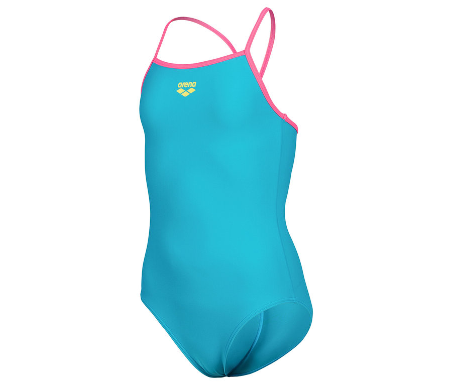 Maillot de bain Arena turquoise et rose pour fille, vue latérale.