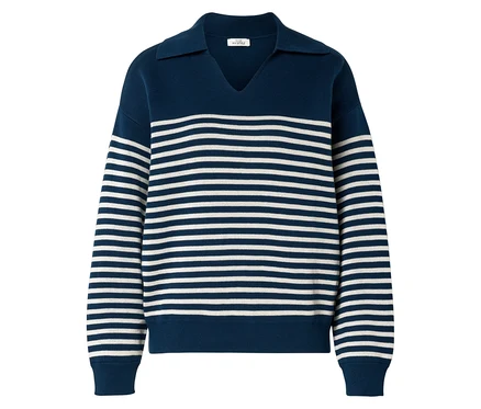 Pull bleu marine et blanc rayé avec col et encolure en V.