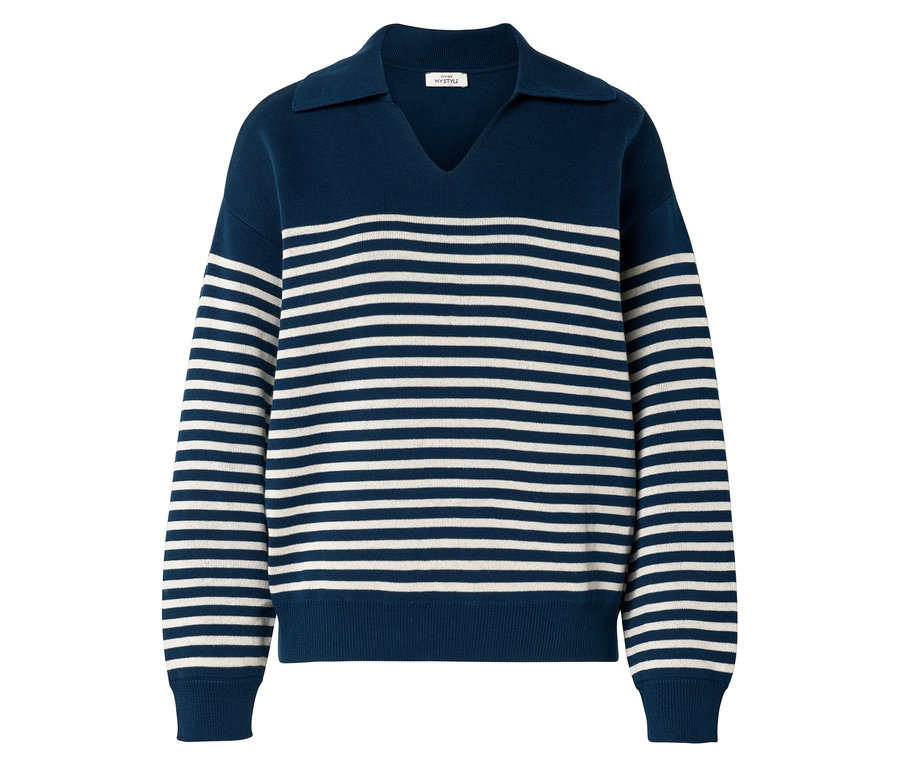 Pull bleu marine et blanc rayé avec col et encolure en V.