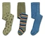 Trois paires de collants sont posées sur un fond blanc. Une paire est vert olive avec un motif de feuilles, une rayée et une bleue.