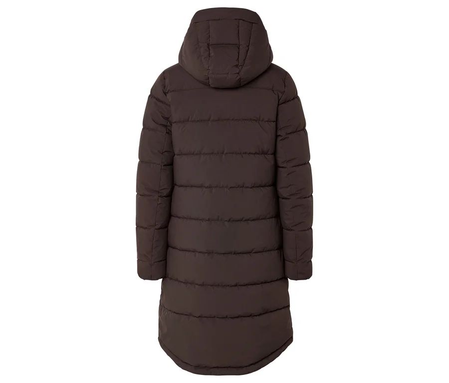 Vue arrière d'un long manteau matelassé marron avec capuche.