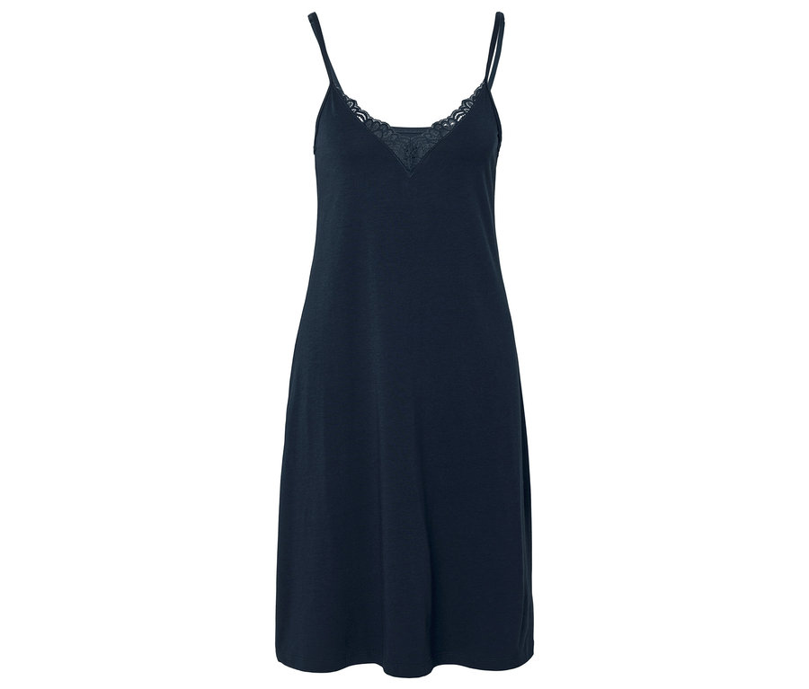 Chemise de nuit bleu foncé sans manches avec bordure en dentelle à l'encolure.