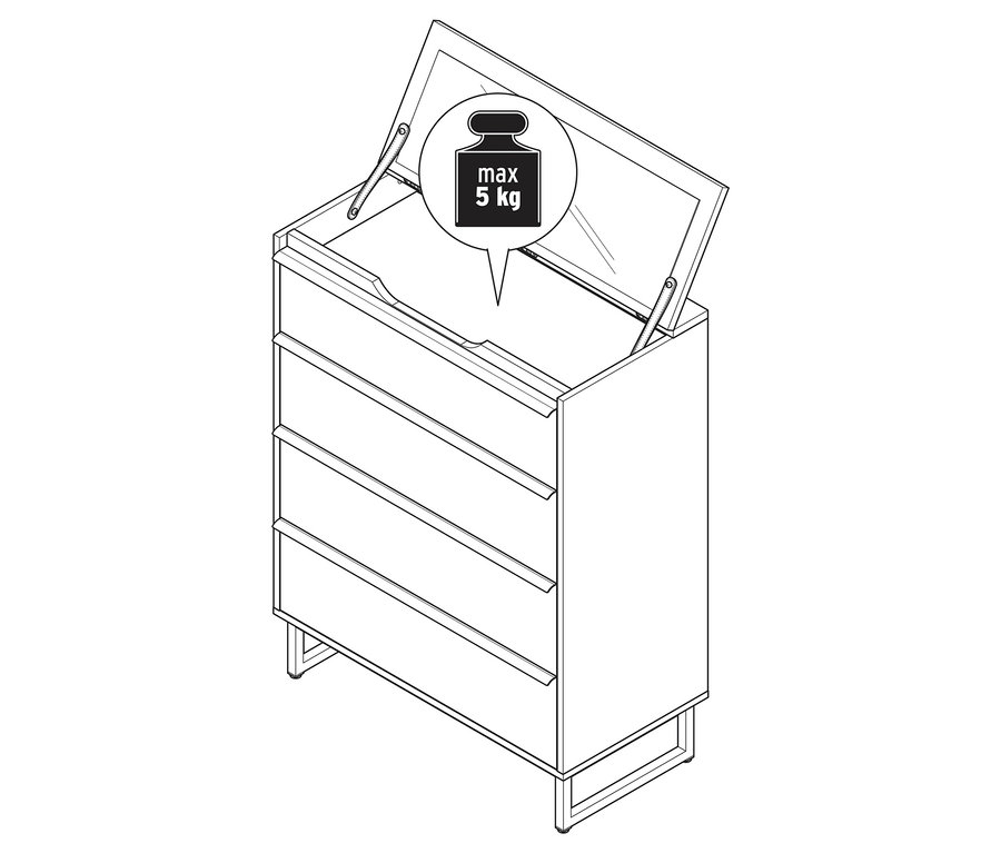 Commode «
LEEG
» avec 4 tiroirs et miroir, le tiroir supérieur ouvert.