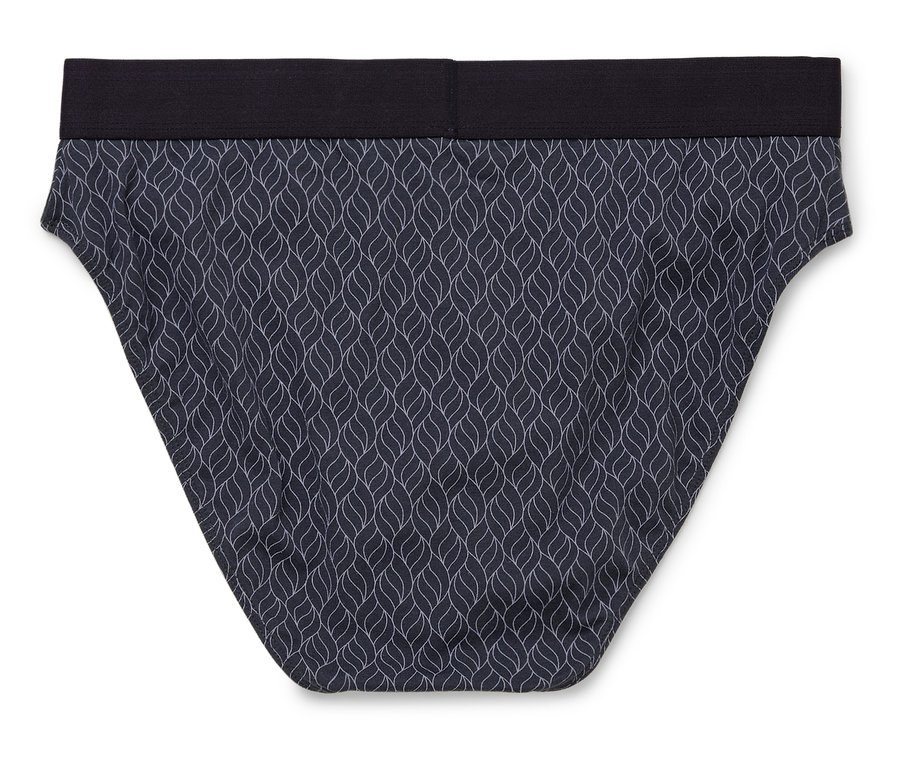 Un slip pour homme bleu avec un motif de feuilles blanches sur un fond blanc.