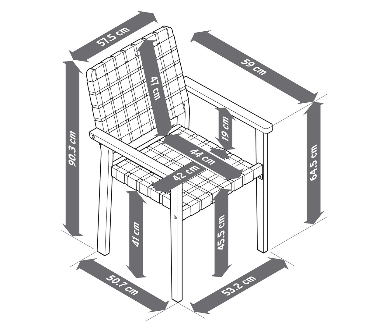 Image d'une chaise de jardin empilable avec ceinture tressée, avec des mesures.