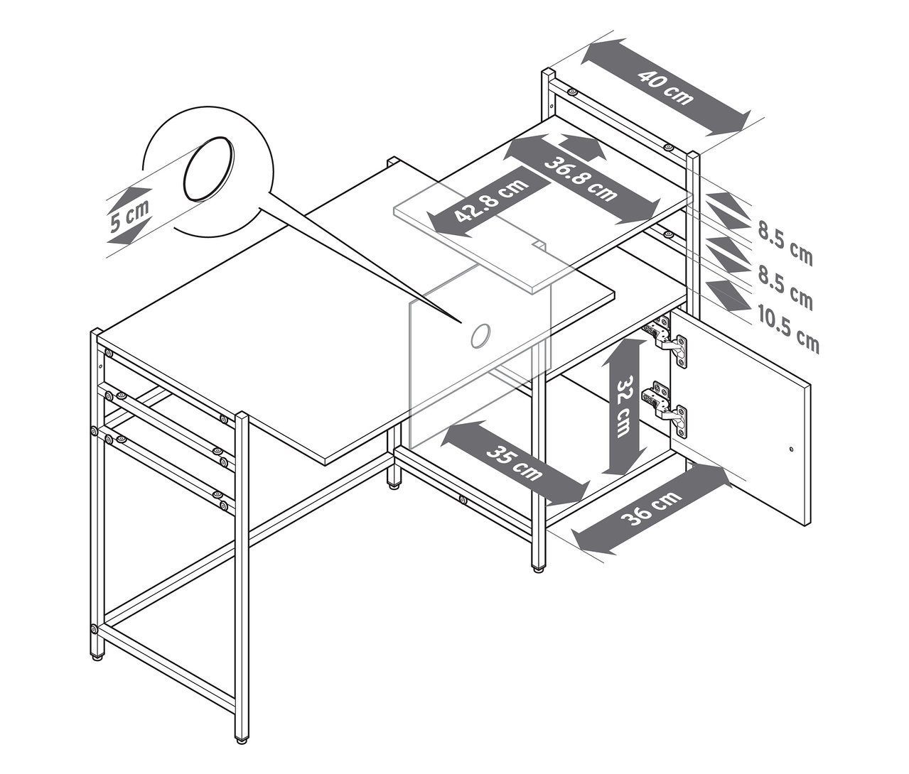 Vue de dessus d'un bureau pour enfant « GRADE », réglable en hauteur, avec tiroir et porte d'armoire, les dimensions sont indiquées.