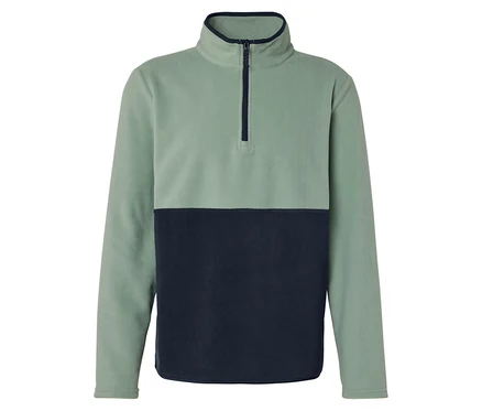 Un pull en polaire bicolore vert et marine avec une courte fermeture éclair.