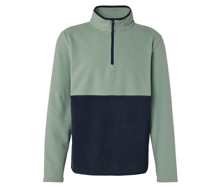 Un pull en polaire bicolore vert et marine avec une courte fermeture éclair.