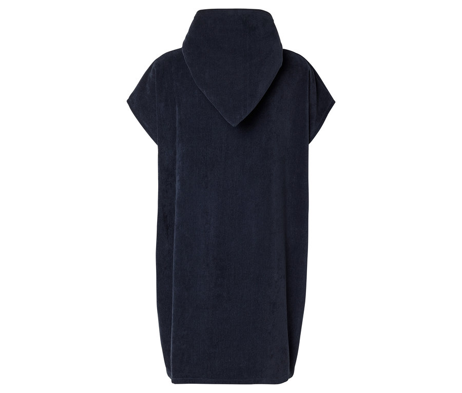 Vue arrière d'un poncho de bain bleu marine à manches courtes et à capuche.