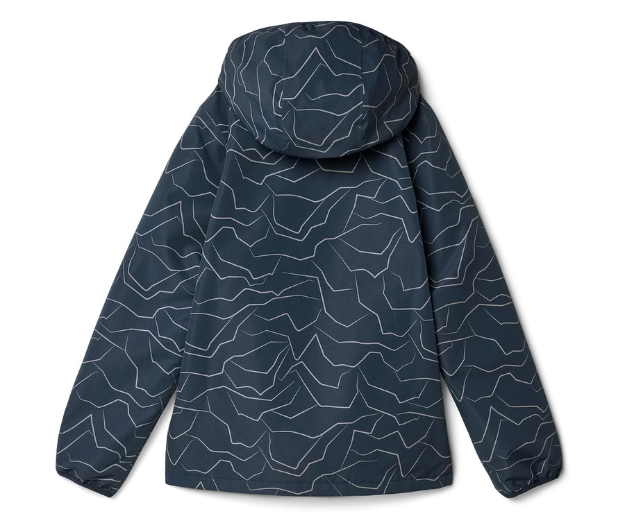 Veste bleu marine à capuche avec motif zigzag blanc, vue de dos.