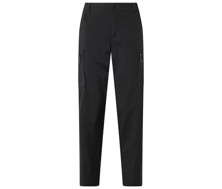 Pantalon noir avec poches zippées sur les côtés, posé à plat sur un fond blanc.