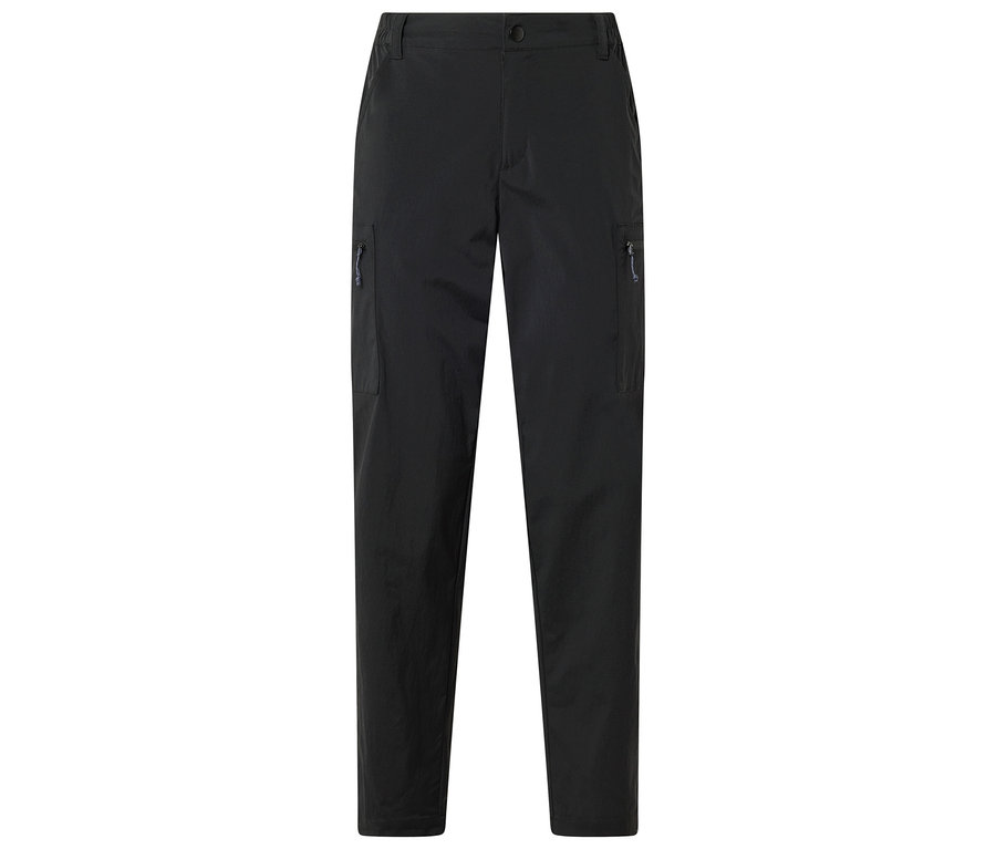 Pantalon noir avec poches zippées sur les côtés, posé à plat sur un fond blanc.