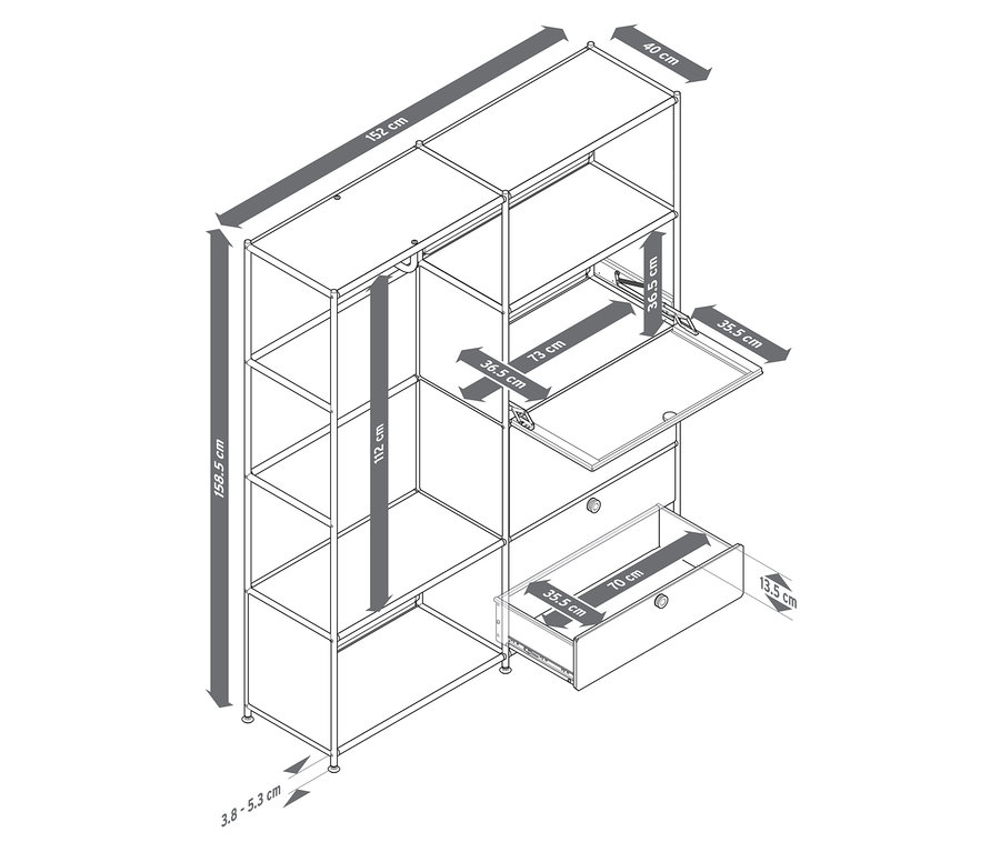 Vue de dessus d'une penderie métallique «
CN3
» avec deux compartiments à rabats et deux tiroirs avec indication des dimensions.