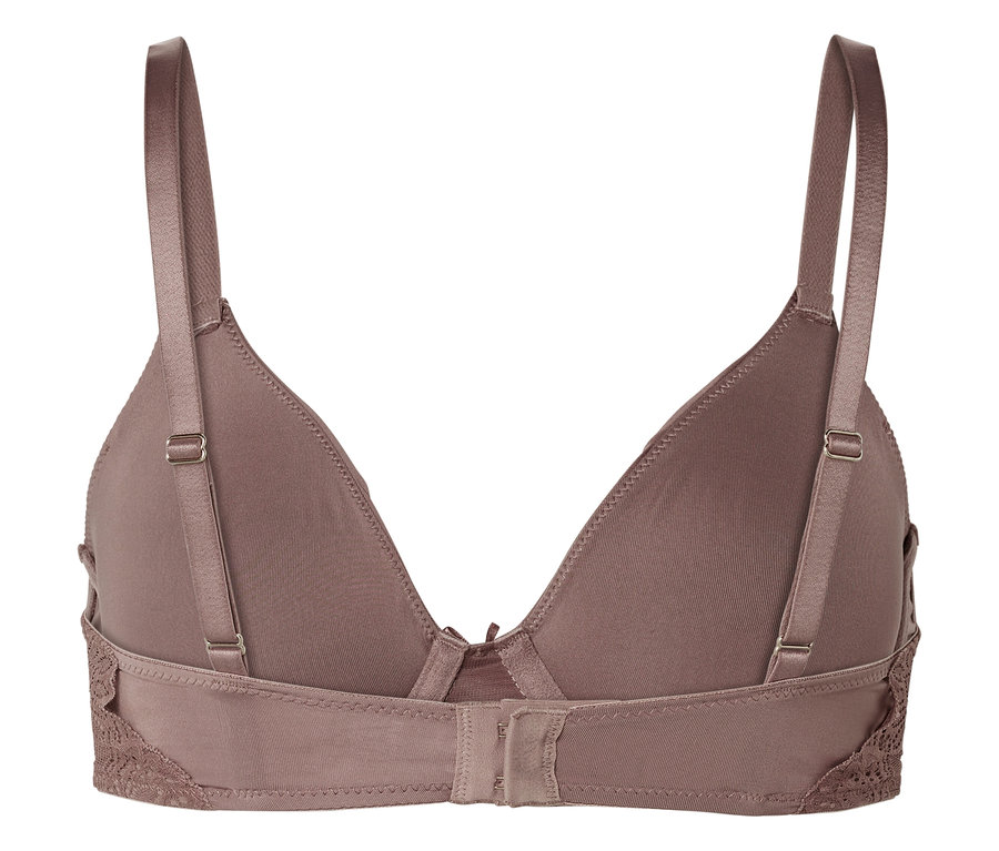 Vue arrière d'un soutien-gorge marron avec des bretelles réglables et des détails en dentelle.