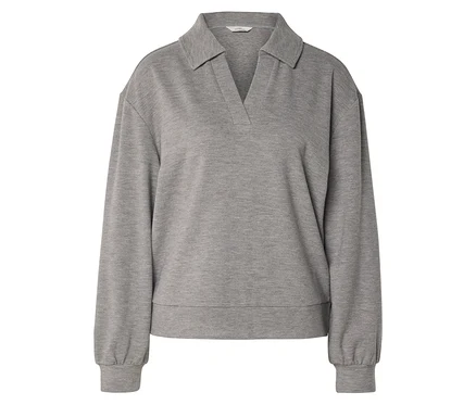 Sweat-shirt gris à manches longues avec col et encolure en V.