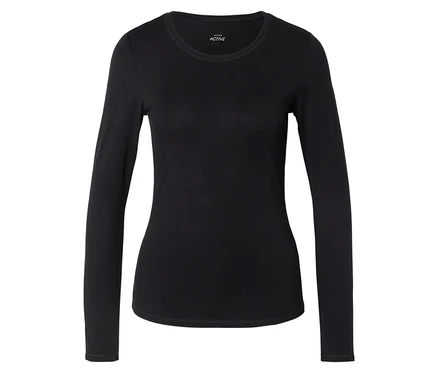 T-shirt noir à manches longues et col rond posé sur un fond blanc.