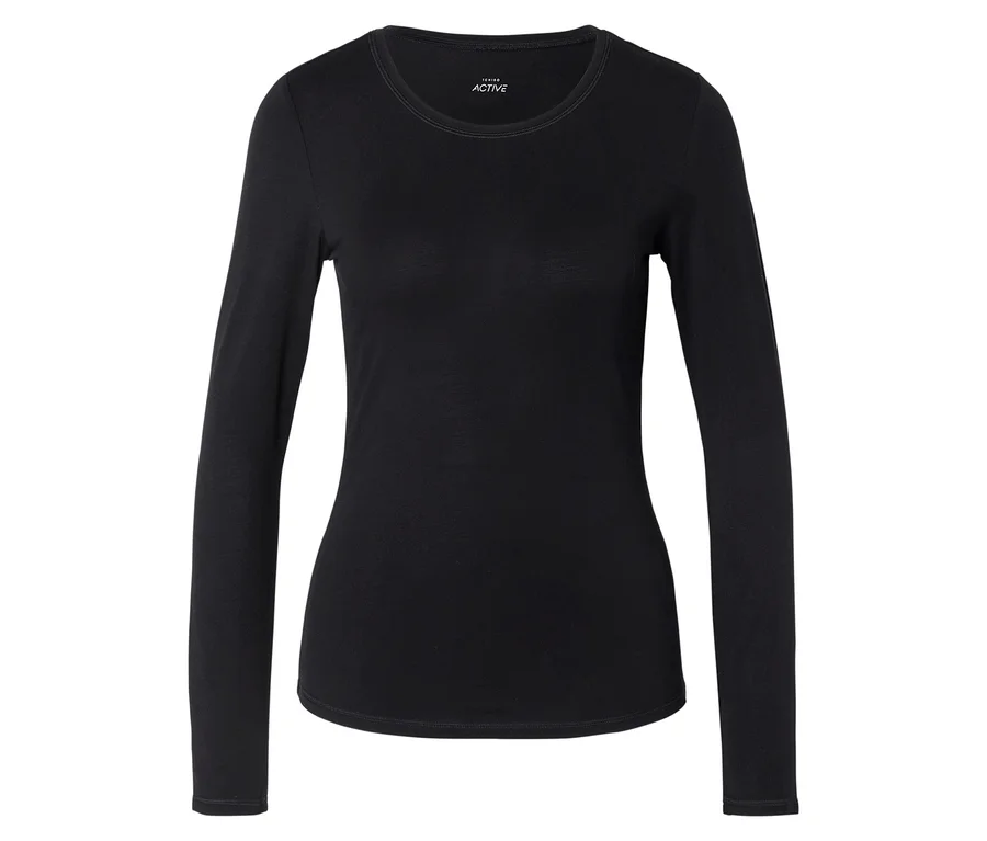 T-shirt noir à manches longues et col rond posé sur un fond blanc.