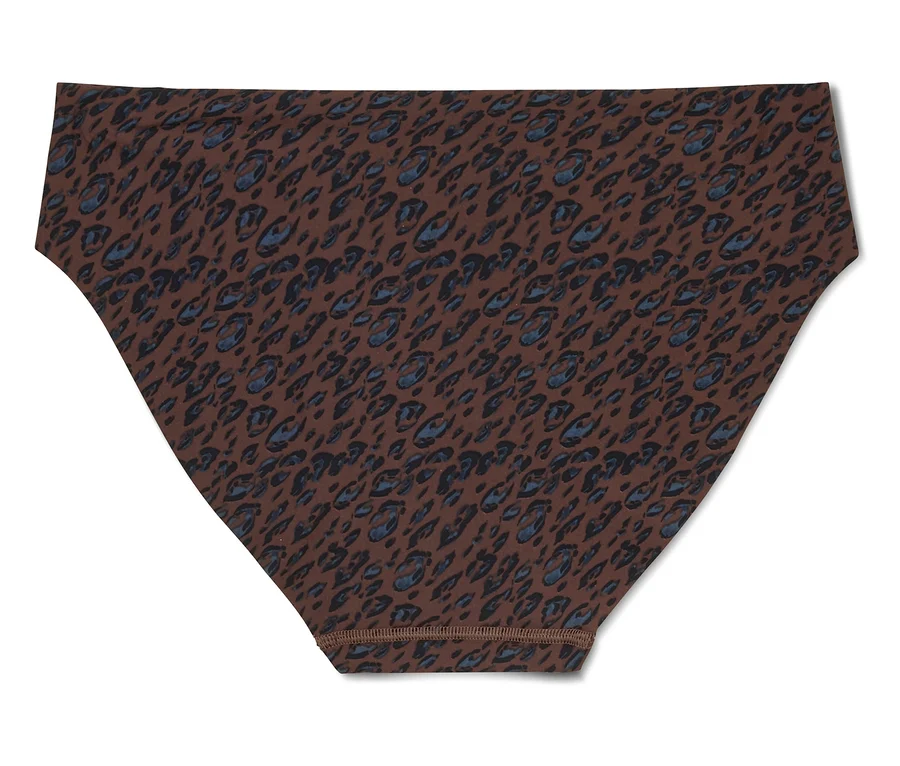 Culotte marron avec un imprimé léopard bleu et noir, posée à plat.