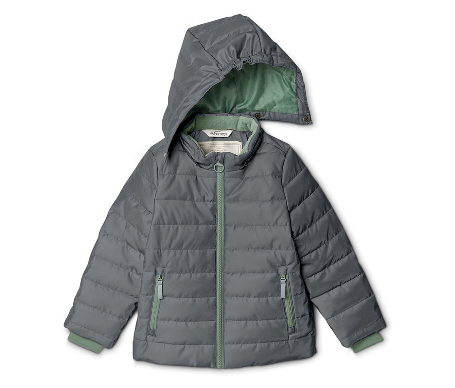 Veste matelassée grise avec capuche et détails verts sur les fermetures éclair, les poignets et l'intérieur de la capuche.