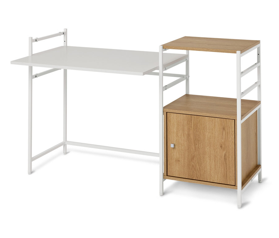 Un bureau blanc avec une étagère avec une porte en bois et une étagère en bois sur un fond blanc.