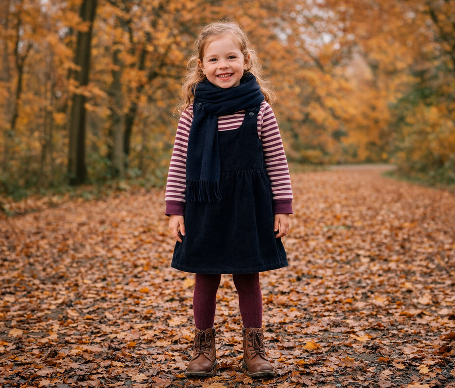 Petite fille souriante debout sur un chemin couvert de feuilles d'automne dans une forêt. Elle porte un haut rayé, une robe chasuble bleue, une écharpe, des collants bordeaux et des bottes marron.