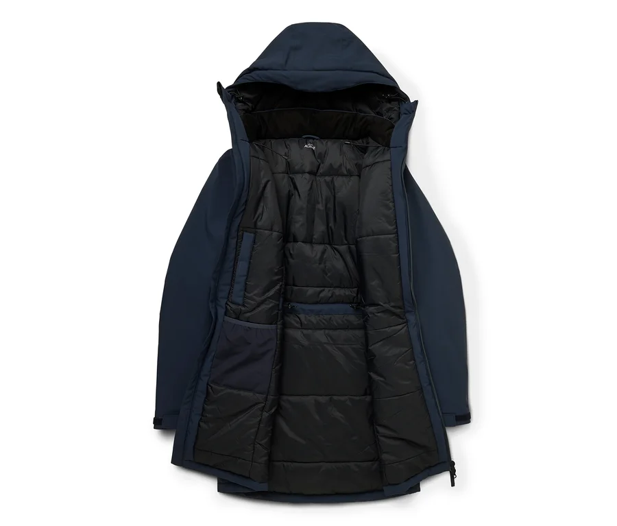 Parka d'hiver bleu foncé posée à plat, ouverte, révélant sa doublure matelassée noire et sa capuche.