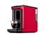 Machine à café entièrement automatique « Esperto mini », Lovely Red, rouge et noire, versant du café dans une tasse en verre.