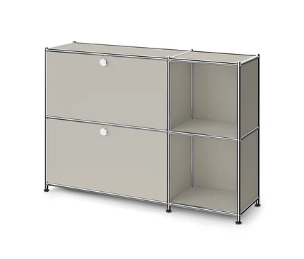 Meuble modulaire gris clair avec cadre chromé, comprenant deux compartiments fermés avec portes et deux étagères ouvertes.