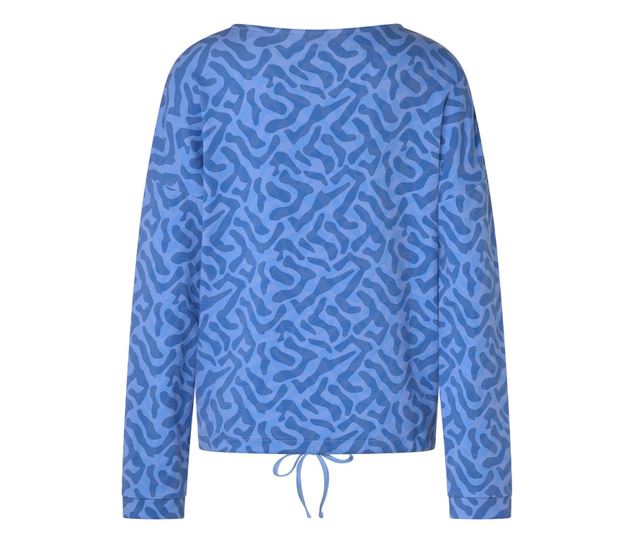 T-shirt bleu à manches longues avec motif abstrait et cordon de serrage à la taille.