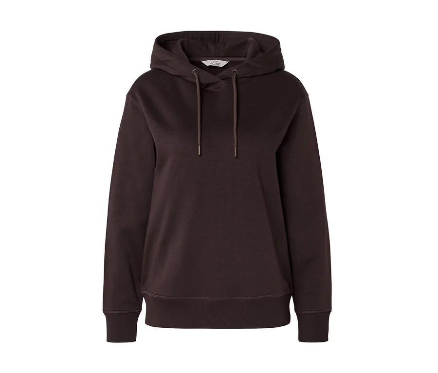 Sweat à capuche marron foncé avec cordons assortis à embouts métalliques, poignets et ourlet côtelés. Une petite étiquette blanche 'ACTIVE' est visible à l'intérieur du col.