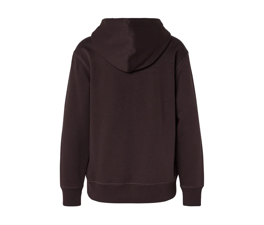 Sweat à capuche marron foncé, vu de dos, avec une capuche, des poignets et un ourlet côtelés.