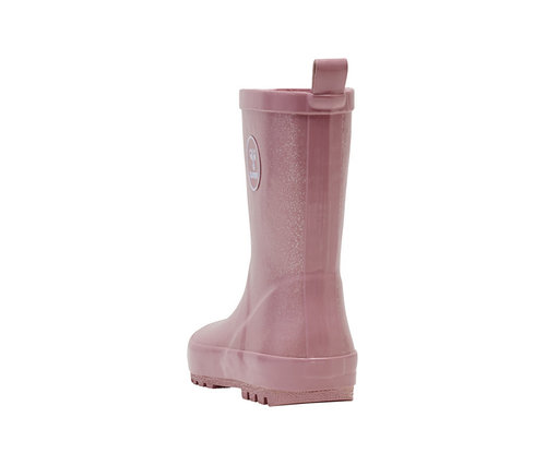 Une botte en caoutchouc hummel® « Rubber Boot Glitter » rose unique, avec une finition pailletée, une tirette et une semelle crantée, vue de côté.