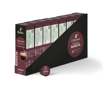 Une rangée de paquets de Cafissimo BARISTA Espresso de 80 capsules.