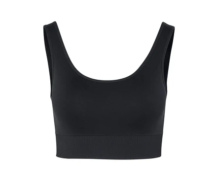 Soutien-gorge de sport noir avec larges bretelles et bande élastique sous la poitrine.