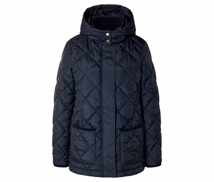Veste matelassée bleu marine avec capuche, col montant à boutons-pression dorés et deux poches plaquées.