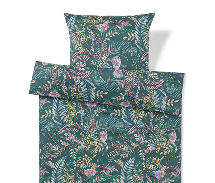 Parure de lit vert foncé avec un motif floral de feuilles et de fleurs vertes, jaunes, roses et violettes.