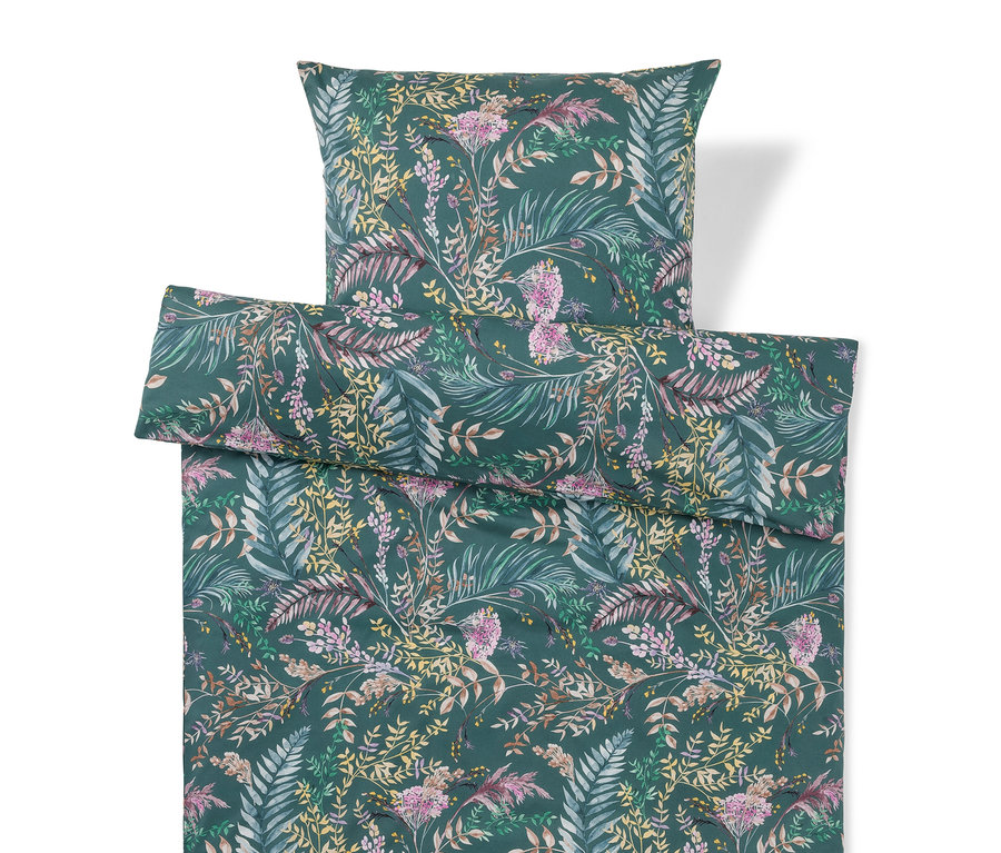 Parure de lit vert foncé avec un motif floral de feuilles et de fleurs vertes, jaunes, roses et violettes.