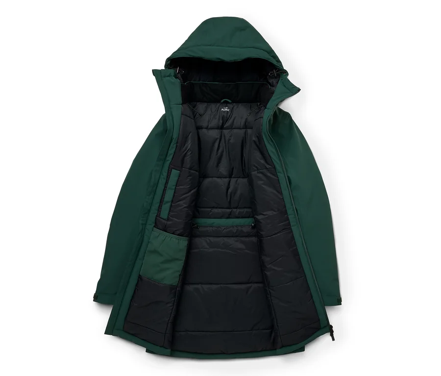 Veste à capuche vert foncé posée à plat, ouverte, révélant une doublure matelassée noire avec des poches intérieures.