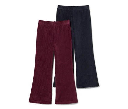 Deux pantalons en velours côtelé, un bordeaux et un bleu foncé. Les deux ont une taille élastique et des jambes larges et évasées.