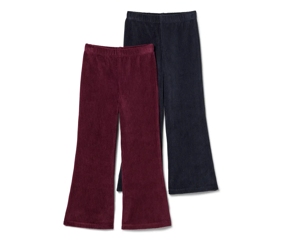 Deux pantalons en velours côtelé, un bordeaux et un bleu foncé. Les deux ont une taille élastique et des jambes larges et évasées.