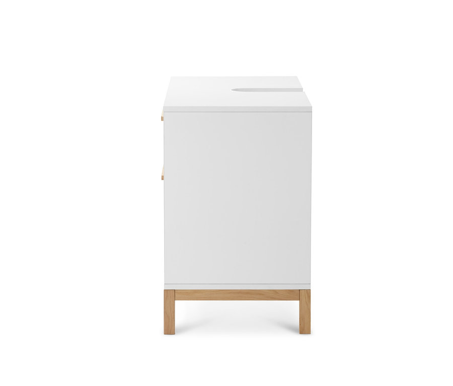 Détail du meuble sous vasque « Eklund » blanc à 2 tiroirs.