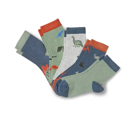 Cinq paires de chaussettes sont superposées, avec des motifs de dinosaures en vert, gris et bleu.