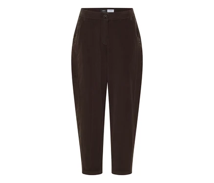 Pantalon en velours côtelé CECIL marron foncé avec fermeture boutonnée et zippée.