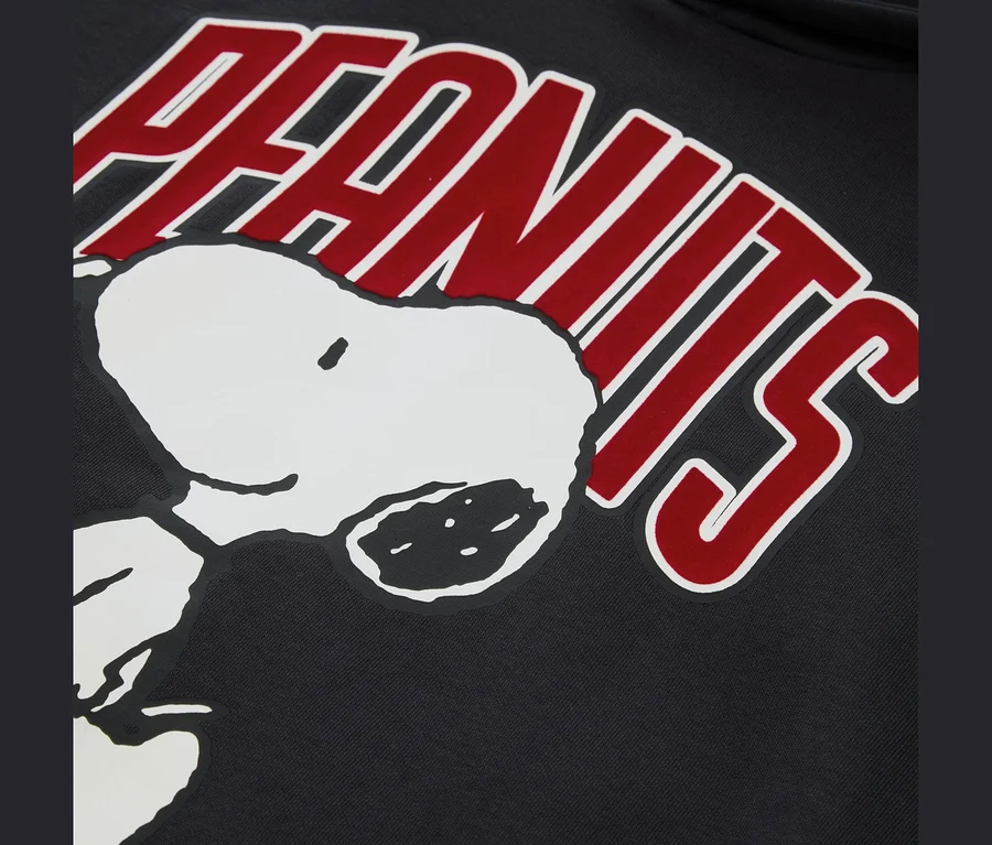 Gros plan d'un tissu noir avec une tête de Snoopy blanche et un logo "PEANUTS" rouge incurvé avec un contour blanc au-dessus.